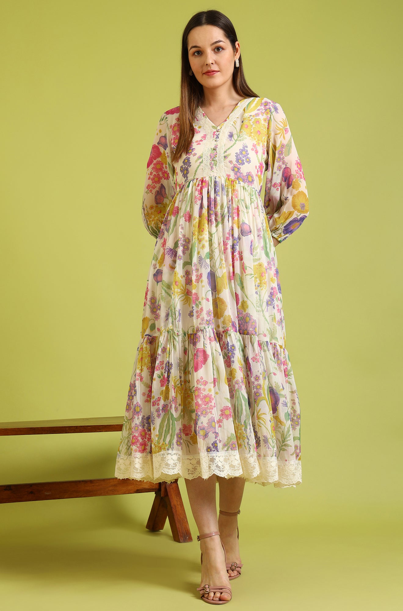 Floral Printed Flared Polyester Dress - Image 10