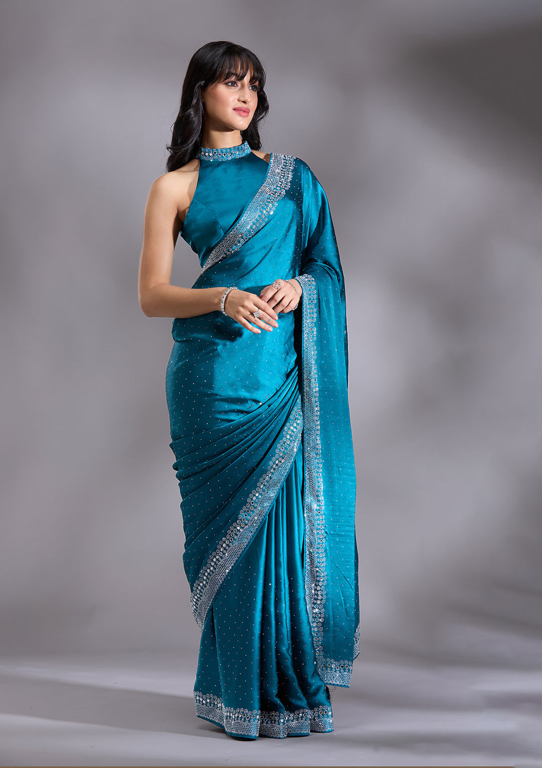 Peacock Blue Silver Stonework Satin Saree - Image 3