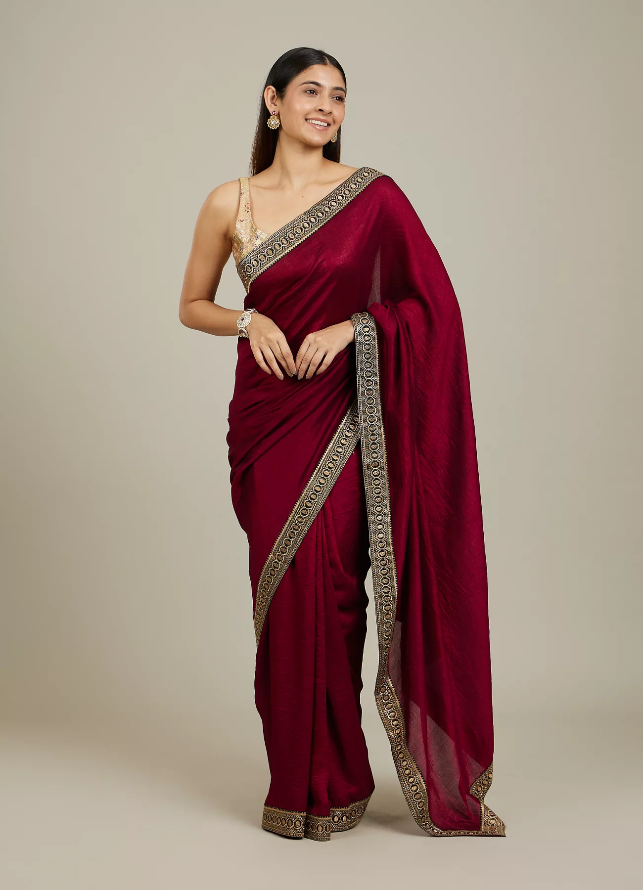 Rose Red Embroidered Border Saree - Image 6
